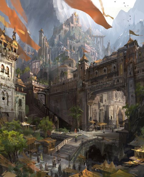 victorious city - high walled fortress in the mountains with banners RPG fantasy setting inspiration Castle Gates Fantasy Art, City Gates Fantasy Concept Art, Fantasy City Architecture, Castle City Fantasy Art, Fantasy Castle City, Dark Fantasy City, Fantasy Kingdom Cities, Fantasy City Concept Art, Fantasy Gate