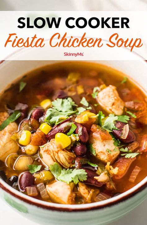 Slow Cooker Fiesta Chicken Soup Low Cal Soups 200 Calories, Fiesta Chicken Soup, Fiesta Soup, Vegetable Soup Crock Pot, Fiesta Chicken, Chicken Soup Recipe, Weight Watchers Soup, Hearty Chicken, Queer Eye