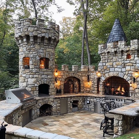 This castle-inspired outdoor kitchen merges medieval charm with modern functionality, creating a majestic space for outdoor cooking and entertaining. Featuring stone-clad walls, arched doorways, and wrought-iron accents, the design evokes the grandeur of an ancient fortress. A central stone hearth serves as the focal point, perfect for open-fire cooking, while Gothic-style lighting and a turreted pizza oven add to the old-world ambiance. Ideal for hosting grand feasts, this kitchen offers a u... Ancient Fortress, Indoor Pizza Oven, Cooking Hearth, Barbecue Pizza, Stone Pizza Oven, Modern Cooking, Stone Hearth, Arched Doorways, Outdoor Pallet Projects