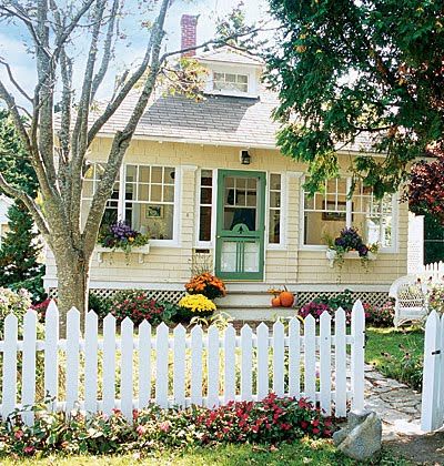 Yellow House, White Picket Fence, Picket Fence, Fence, Cottage, Trees, Exterior, Yellow, Flowers