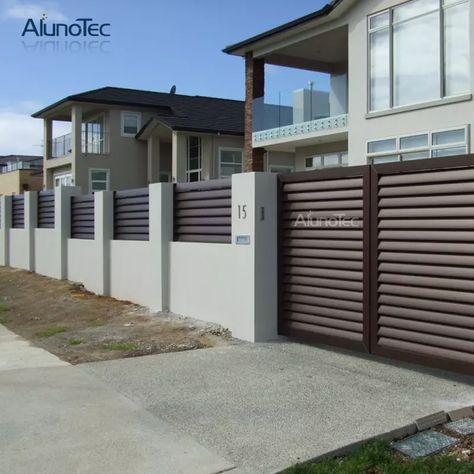 Slatted Fence Panels, Privacy Fence Panels, Glass Fence, Modern Fence Design, Main Entrance Door Design, Main Entrance Door, Brick Fence, Front Gate Design, Entrance Gates Design