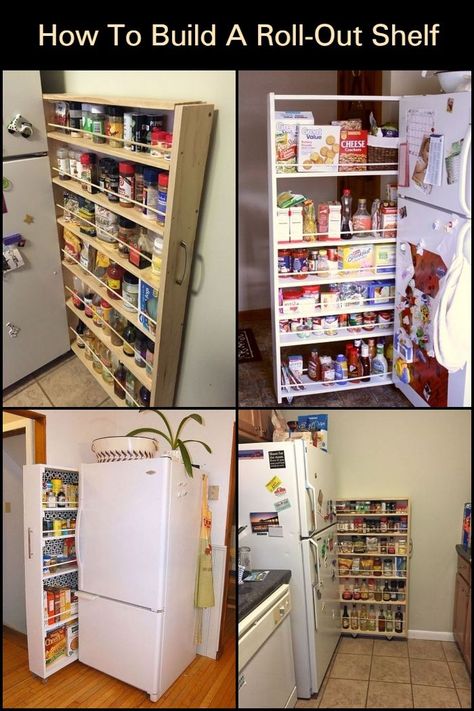 Beside Fridge Storage Diy, How To Add More Storage To Kitchen, Roll Out Kitchen Storage, Small Kitchen Diy Ideas, Beside The Fridge Storage Diy, Beside Fridge Storage, Diy Kitchen Shelf Small Spaces, Home Diy Storage, Next To The Fridge Storage