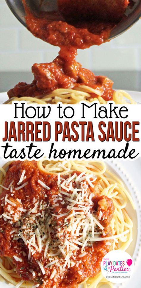 Never get stuck with dry pasta again! Head over to playdatesparties.com for 6 tips to stretch jarred pasta sauce AND make it taste just like it was homemade. #pasta #cookingtips #easyrecipes #pdpcooks https://playdatesparties.com/stretch-jarred-pasta-sauce/ Hunts Pasta Sauce Recipes, How To Make Store Bought Spaghetti Sauce Better, Spaghetti With Canned Sauce, Dressed Up Spaghetti Sauce, What To Add To Spaghetti Sauce, Meat Sauce Recipe With Jarred Sauce, Spaghetti Sauce Jar Recipe, Make Jarred Spaghetti Sauce Better, How To Spruce Up Jarred Spaghetti Sauce