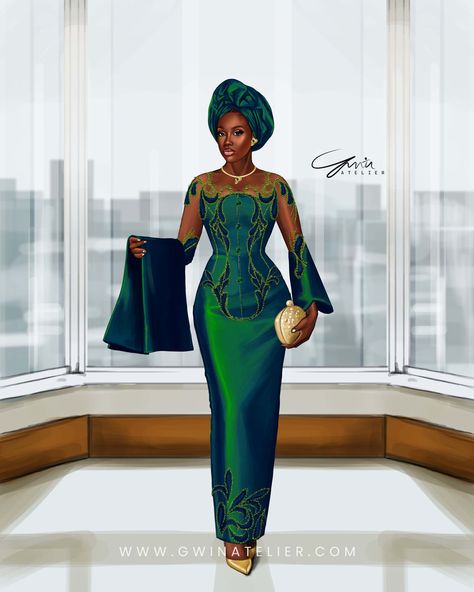 IM-02 This look features a vibrant emerald green hue aso oke. The bodice is adorned with intricate baroque embroidery, weaving delicate patterns that exude opulence and attention to detail. Sheer fabric extends from the neckline to the sleeves, adding a contemporary touch while maintaining a sense of traditional elegance. #IyawoMi Gwin Atelier Ghana ©️2024 #gwinatelier #fashionillustration #asooke #bellanaijaweddings #vogue #nigerianwedding #yorubabride #illustration #art #IyawoMi #baroque... Aso Oke Styles Traditional Weddings, Green Aso Oke, Baroque Embroidery, Embroidery Weaving, Aso Ebi Style, Yoruba Bride, African Weddings, African Outfits, African Traditional Wedding