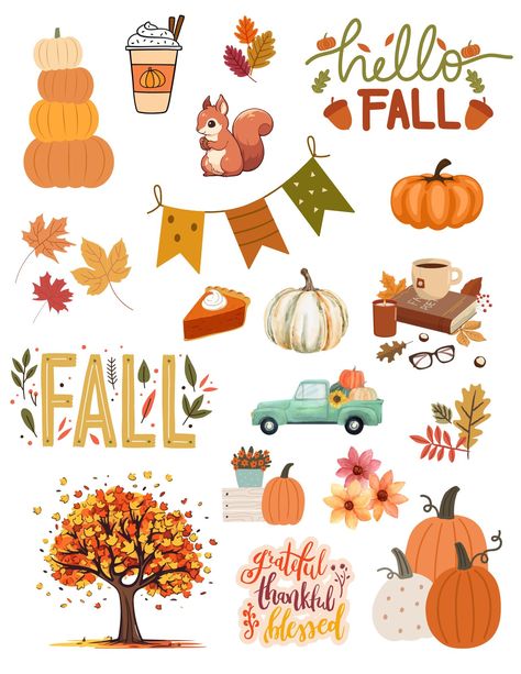 Fall Aesthetic Clipart, Cute Pictures For Stickers, Fall Printable Stickers, January Digital Planner Stickers, Fall Stickers Free Printable, Autumn Stickers Free Printable, Cute Scrapbook Stickers, Fall Sticker Ideas, Autumn Stickers Aesthetic