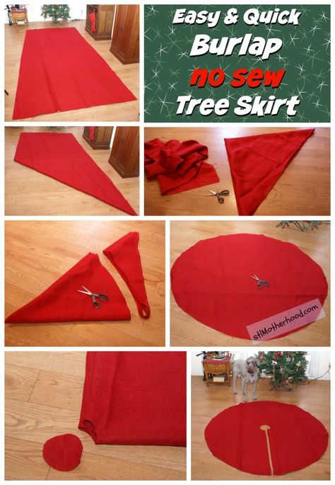 When it’s time to decorate for Christmas, I love projects that are super easy but look way fabulous! This year I tossed my old fluffy “blanket of snow” Christmas tree skirt and whipped up a new one out of red burlap. I didn’t even break out the sewing machine! All you need is a hunk … Diy Christmas Tree Skirt, Burlap Tree, Handprint Christmas Tree, Burlap Tree Skirt, Christmas Tree Skirts Patterns, Burlap Trees, Tree Skirt Pattern, Xmas Tree Skirts, Christmas Tree With Snow