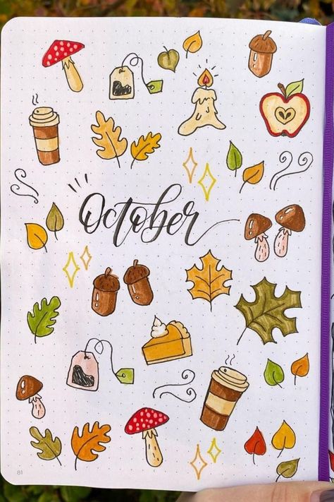 October Doodles Easy, Diy Drawings, Notesbog Design, Drawing Ideas Easy Doodles, Autumn Doodles, Fun Doodles, Plant Doodle, Fall Drawings, Bullet Journal Cover Page