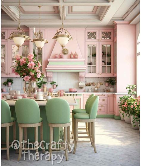 Pink and green home decor and design in pink and green; pink and green master kitchen; pink and green happy place! @thecraftytherapy Pink And Green Home Aesthetic, Pink Ceiling Kitchen, Pink Sage Kitchen, Mint Green And Pink Kitchen, Forest Green And Pink Kitchen, Pink And Sage Kitchen, Mint And Pink Kitchen, Pink Kitchen Vintage, Pink And Green House Decor