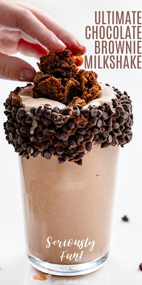 This Chocolate Milkshake is served in a glass with a chocolate frosted rim and mini chocolate chips, all topped with homemade brownie pieces for an extra special milkshake!  Chocolate Milkshake, Ultimate Chocolate Milkshake, Brownie Milkshake, Chocolate Milkshake with Brownie, Triple Chocolate Milkshake, milkshake, milkshake recipes, i am baker, iambaker, recipe Chocolate Cake Milkshake, Brownie Milkshake Recipes, Ghirardelli Brownies, Brownie Shake, Thick Milkshake, Brownie Milkshake, Liquid Recipes, Yummy Milkshake Recipes, Cookie Milkshake