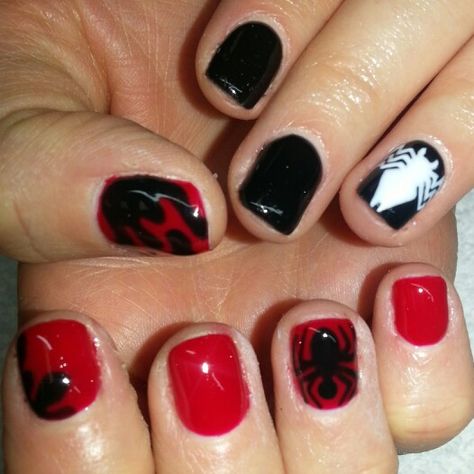 Red and black shellac spider man and venom nails nail art comic nails Spiderman X Venom, Venom Nails, Nails Red And Black, Spider Man And Venom, Comic Nails, Black Shellac, Nails Shellac, Hard Gel Nails, Black Nail Designs