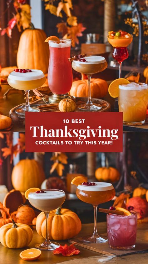 "Discover the 10 Best Thanksgiving Cocktails to Try This Year! Elevate your holiday celebrations with these delightful Thanksgiving cocktails that are perfect for any gathering. From cozy fall cocktail recipes to unique holiday drink ideas, these festive beverages will impress your guests. Whether you're hosting a Thanksgiving party or just looking for seasonal cocktails to enjoy, our curated list has something for everyone!" Batch Fall Cocktails, Fall Vodka Cocktails, Thanksgiving Cocktails For A Crowd, Fancy Thanksgiving, Signature Cocktail Ideas, Apple Cocktails, Holiday Martinis, Cocktail Recipes For A Crowd, Unique Cocktail Recipes