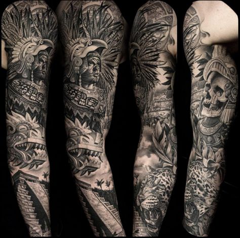 no information Mexican Tattoo Sleeve, Aztec Sleeve, Aztec Warrior Tattoo, Aztec Tattoos Sleeve, Azteca Tattoo, Mayan Tattoos, Tattoo Sleeve Ideas, Fake Tattoo Sleeves, Aztec Tattoos