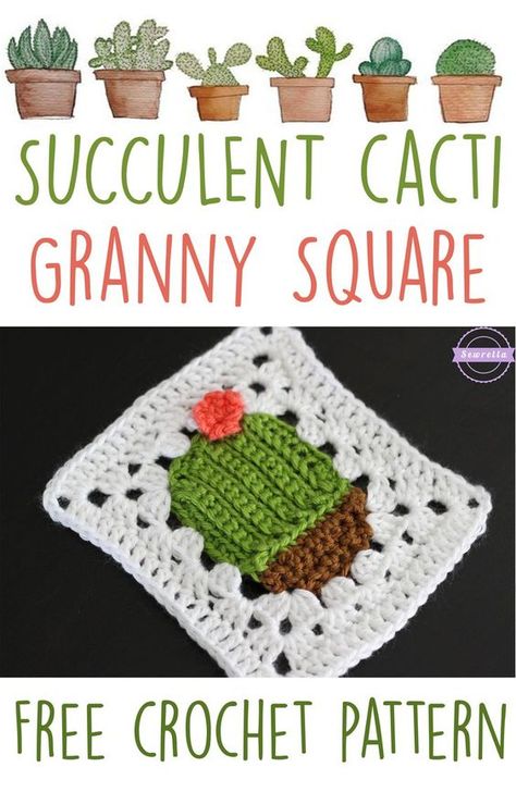 Cactus Granny Square, Motifs Granny Square, Granny Square Quilt, Granny Square Haken, Granny Square Crochet Patterns Free, Crochet Cactus, Pola Amigurumi, Crochet Blocks, Crochet Granny Square