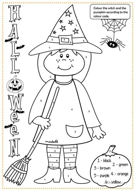 Halloween witch - colouring - English ESL Worksheets for distance learning and physical classrooms Colouring Worksheet, Halloween Worksheets Free, Primary Games, Math Coloring Worksheets, Games Halloween, Halloween Worksheets, Halloween Math, Math Coloring, Preschool Class