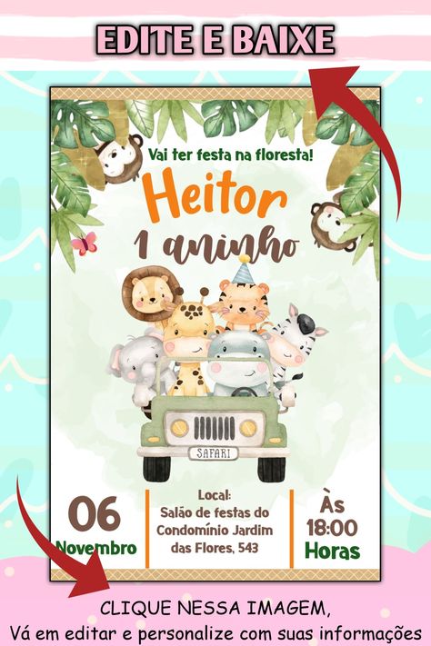 Convite safari menino para editar
Para personalizar o convite é só clicar na imagem, editar ebaixar Safari Baby, 1st Birthday Parties, 1st Birthday, Birthday Party, Birthday