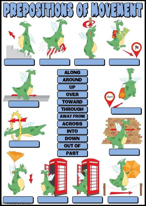 Prepositions of movement English as a Second Language (ESL) worksheet. You can do the exercises online or download the worksheet as pdf. Preposition Of Movement Worksheet, Preposition Of Movement, Preposition Worksheets Kindergarten, Growing Mint, Basic Grammar, Music Lesson Plans, Movement Activities, English Activities, English Reading