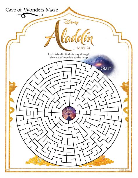 Free Printable Disney Aladdin Cave Maze Activity Page #maze #printablemaze #aladdin #aladdin2019 #freeprintable #disney Bfg Activities, Aladdin Coloring Pages, Live Action Aladdin, Disney Printables Free, Cave Of Wonders, Maze Activity, Aladdin Party, Disney Activities, Printable Mazes