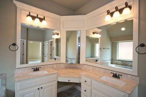 Mount TV above corner mirror Corner Vanity Bathroom Double Sinks, Corner Vanity Bathroom, Bathroom Double Sinks, Corner Vanity Sink, Bathroom Double Sink Vanity, Bathroom Double Sink, Corner Bathroom Vanity, Corner Sink Bathroom, Corner Vanity