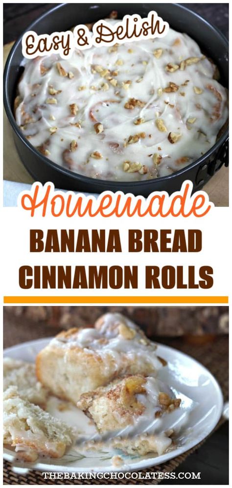 Banana Bread Cinnamon Rolls - The Baking ChocolaTess Yeast Sweet Rolls, Banana Cinnamon Rolls, Banana Bread Cinnamon Rolls, Fluffy Banana Bread, Banana Bread Cinnamon, Bread Cinnamon Rolls, Nana Bread, Homemade Yeast Rolls, Homemade Yeast