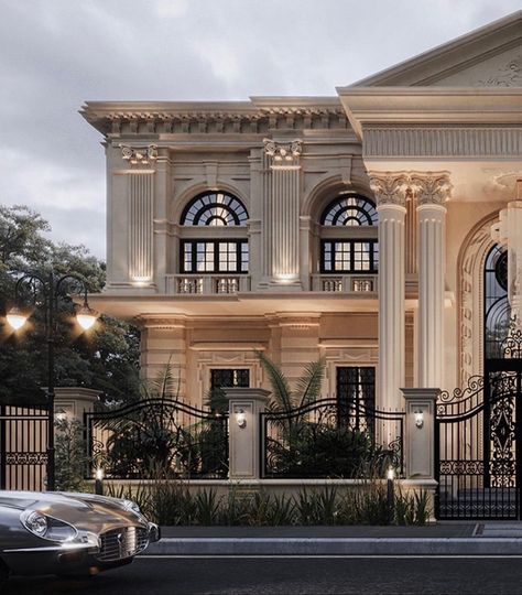 Classical Architecture Exterior, Classic Villa Exterior, Classic Exterior Design, Grand Mansion, Lighting Scheme, Luxury Homes Exterior, Luxury Houses Mansions, Facade Architecture Design, Contemporary House Exterior