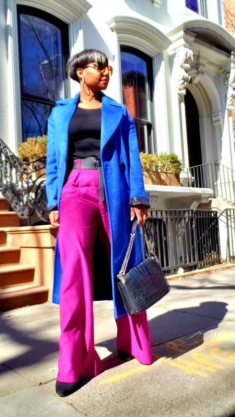 Cobalt Coat Outfits, Pink And Blue Combo Outfit, Purple Wide Leg Pants Outfit, Royal Blue Trousers Outfit, Pink And Blue Outfit Aesthetic, Royal Blue Coat Outfit, Pink And Blue Outfits For Women, Royal Blue Cardigan Outfit, Magenta Pants Outfit