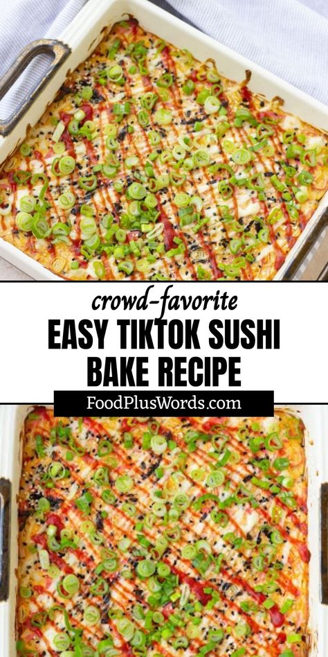 Check out this super popular and yummy TikTok Sushi Bake recipe! It's like a sushi roll in casserole form – so cool! Great for parties, it's creamy and delicious. This awesome dish is full of seafood goodness, and you can even watch a video to help you make it. It's healthy too! In under 40 minutes, you'll have a perfect potluck dish that everyone will love. Don't miss out on this viral recipe sensation! Sushi Pan Recipe, Tiktok Sushi Bake, Sushi Bake Tiktok, Sushi Roll Bake, Dairy Free Sushi Bake, Teriyaki Chicken Sushi Bake, Lazy Sushi Bake, Tuna Sushi Bake Recipe Easy, Veggie Sushi Bake