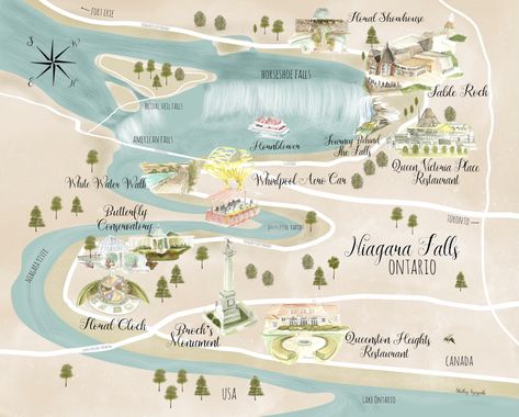 Niagara Falls Ontario Canada Illustrated Map Print Niagara Falls Map, Niagara Falls Ontario, Illustrated Maps, Canada Map, Niagara Falls Canada, Custom House Portrait, Lake Ontario, Illustrated Map, Travel Board