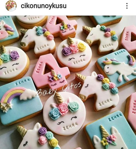 Unicorn Cookies Fondant, Unicorn Biscuits, Rainbow Unicorn Birthday Party, Unicorn Cookies, Unicorn Birthday Cake, Rainbow Unicorn Birthday, Fondant Cookies, Baby Birthday Cakes, Unicorn Cake