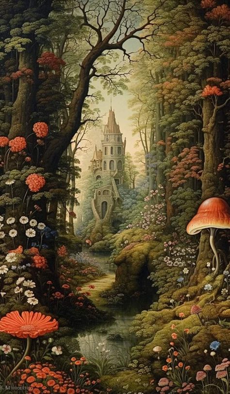 Enchanted Forest Princess Aesthetic, Fairy Castle Illustration, Fairytale Concept Art, Enchanted Forest Moodboard, Fairytale Castle Illustration, Fairytale Wallpaper Aesthetic, Old Fairytale Illustration, Fairytale Art Illustration, Vintage Fairytale Art