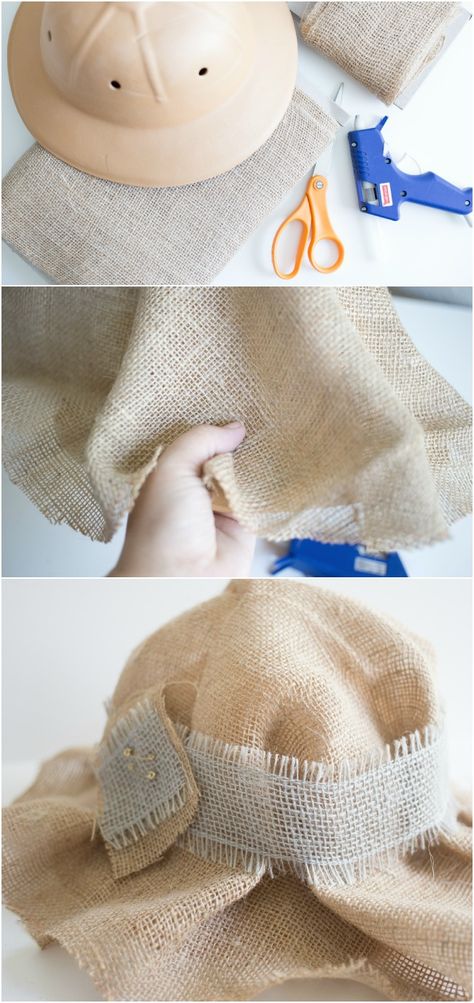 How To Make A Scarecrow Hat Out Of Burlap, Burlap Scarecrow Hat Diy, Diy Scarecrow Hat For Kids, Crochet Scarecrow Hat, How To Make A Scarecrow Hat, Scarecrow Outfit Woman, Scarecrow Hat Diy, Make A Straw Hat, Scarecrow Hat Pattern