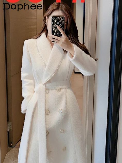 Chic Beaded Elegant White Cashmere Coat For Women Autumn Winter 2022 New Mid-length Belt Waist Woolen Coats Female Trench Coat - Wool & Blends - AliExpress Female Trench Coat, Autumn Winter 2022, Coat For Women, Beaded Crafts, Woolen Coat, Winter 2022, Trench Coats Women, Cashmere Coat, Winter Coat