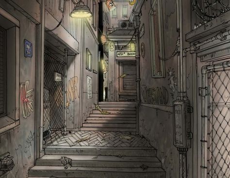 alleyway Cyberpunk Alley Concept Art, Alley Drawing Design Reference, One Point Perspective Alleyway, Urban Fantasy Art Cityscapes, Alley Drawing Reference, Alley Way Background, Alleyway Drawing, Cyberpunk Alleyway, Alley Illustration