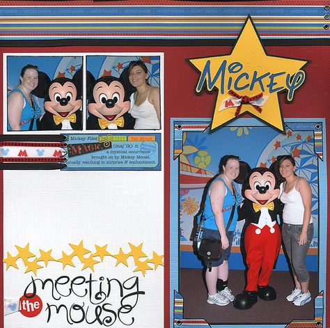 Mickey: Meeting the Mouse Disney Character Scrapbook Layouts, Epcot Scrapbook Layouts, Character Scrapbook, Paper Bag Scrapbook, Cruise Scrapbook, Scrapbook Disney, Disney Layouts, Disney Scrapbooking Layouts, Recipe Scrapbook