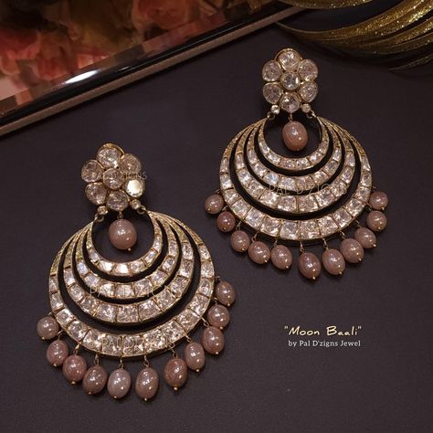 Moon baali in moissanite polki Jewelry Room, Jewelry Necklace Simple, Jewelry Closet, Indian Bridal Jewellery, Antique Necklaces Design, Diamond Pendants Designs, Polki Earrings, Jewelry Set Design, Indian Jewellery Design Earrings