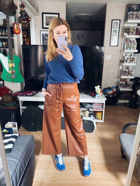 What I Wore This Week - livelovesara Sky Blue Sneakers Outfit, Royal Blue Sneakers Outfit, Blue Shoes Outfit Sneakers, Blue Sneakers Women Outfit, Wide Leg Leather Pants Outfit, Winter Work Capsule Wardrobe, Winter Work Capsule, Blue Pullover Outfit, Brown And Blue Outfit