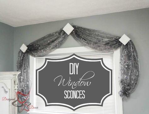 How to make inexpensive drapery window sconces. by DeDe Bailey Window Scarfs Ideas Swag, Window Scarf Ideas Bedrooms, Scarf Curtain Ideas, Window Scarf Ideas, Bedroom Valance Ideas, Scarf Valance Ideas, Sew Scarf, No Sew Scarf, Window Coverings Bedroom