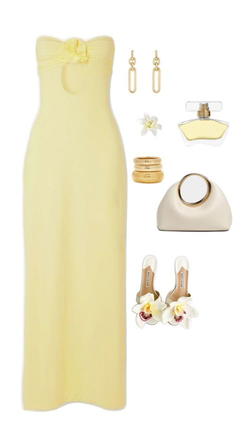 Elegant dress , yellow prom dress beautiful classy dress aesthetic gown Feminine Yellow Vacation Dress, Fitted Yellow Belted Dress, Yellow Sundress Aesthetic, Yellow Summer Dress Outfit Aesthetic, Luxury Casual Yellow Dress, Meeting Outfit, Ibiza Outfits, Beachwear Fashion, Boujee Outfits