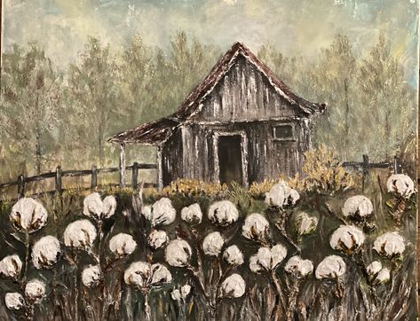 Cotton Field Painting, Farm Field Painting, Old Farm Paintings, Cottage Laundry, Barn House Artwork, Farmer Painting, Old Barn Paintings Easy, Snowy Barn Painting, Cotton Bolls