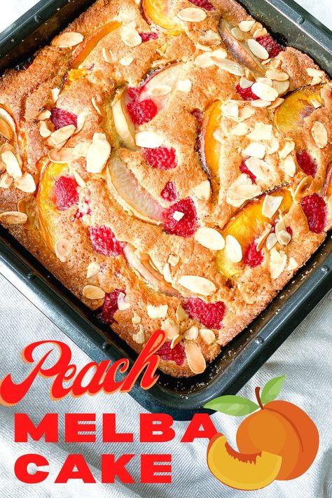 Square peach melba cake fresh out of oven in tray, embedded with peaches and strawberries with almonds scattered on top. Peach Melba Cake, Peach Melba, Recipes Baking, Moist Cake, Cake Mixture, Raspberry Cake, Peach Slices, Summer Fragrance, Moist Cakes