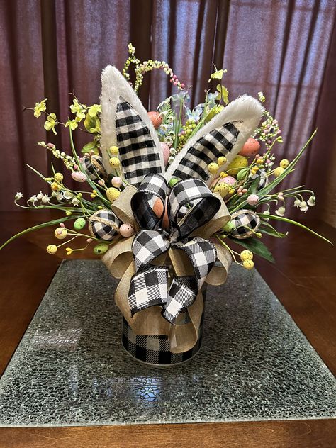 Easter Decor Table, Easter Bunny Wreath Diy, Metal Milk Jug, Bunny Wreath Diy, Easter Bunny Centerpiece, Mardi Gras Wreath, Easter Centerpiece, Easter Tablescapes, Mardi Gras Decorations