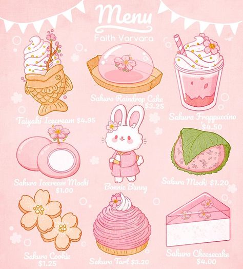 Faith Varvara on Instagram: “Sakura menu with Bonnie the bunny 🌸 What’s your favourite Sakura dessert?? By the way I am still continuing with my food tour series I just…” Faith Varvara, 귀여운 음식 그림, Illustration Mignonne, Haiwan Lucu, Seni 2d, Stickers Kawaii, Cute Food Drawings, Cute Food Art, Cute Animal Drawings Kawaii