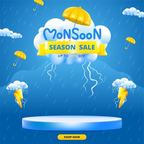 Clouds Lightning, Podium Design, 3d Clouds, Monsoon Season, Yellow Umbrella, Premium Vector, Graphic Resources, Poster Design, Umbrella