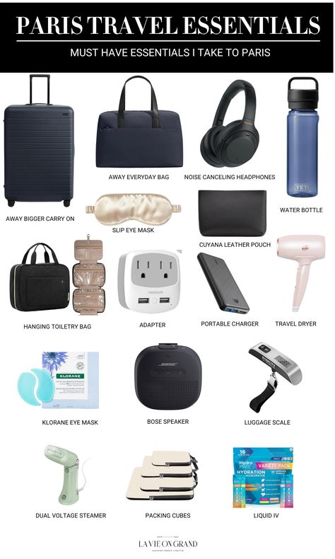 Graphic of travel accessories to pack for Paris like adapters, portable charger, packing cubes and more. Luggage Essentials, Paris Packing List, Paris Packing, Travel Light Packing, Paris Tourist, Travel Steamer, Travel Packing Checklist, Packing For Europe, Travel Necessities