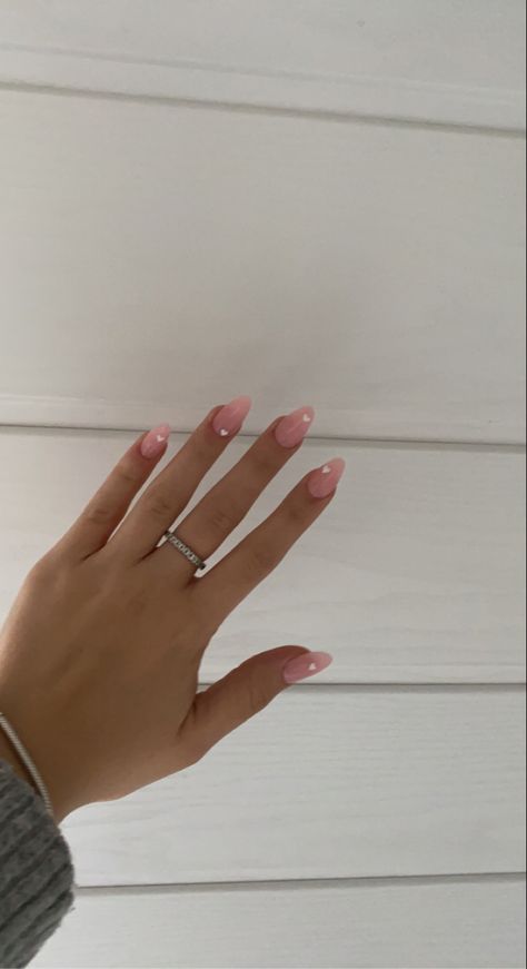 Ombre Nails With Heart Design, Light Pink Nails With White Heart, Pink Nails White Hearts, Pink Chrome Nails With Hearts, Milky Pink Almond Nails, White Chrome Nails, Pink Chrome Nails, Baby Pink Nails, Light Pink Nails