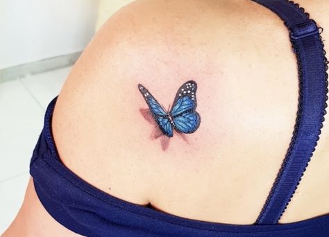 Blue Monarch Butterfly Tattoo, Borboleta Tattoo, Blue Butterfly Tattoo, Butterfly Tattoo On Shoulder, Small Shoulder Tattoos, Small Pretty Tattoos, Petite Tattoos, Tasteful Tattoos, Floral Tattoo Sleeve