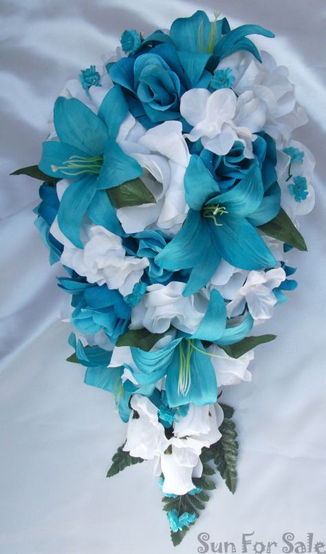 OMG these are beautiful: Cascading silk flower bridal wedding bouquet in purple… Lily Bridal Bouquet, Red Bridal Bouquet, Blue Wedding Bouquet, Love Lily, Blue Wedding Flowers, Turquoise Wedding, Teal Wedding, Bride Bouquets, Bridal Flowers