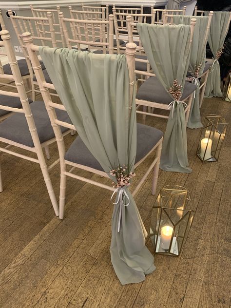 Weeding Decoration Ideas Sage Green, Sage Green Wedding Aisle, Sage Green Aisle Decor, Simple Ceremony Aisle Decor, Sage Green Chair Sash, Sage Chair Sashes Wedding, Sage Green Chair Covers Wedding, Wedding Alter Ideas, Exterior House Renovation