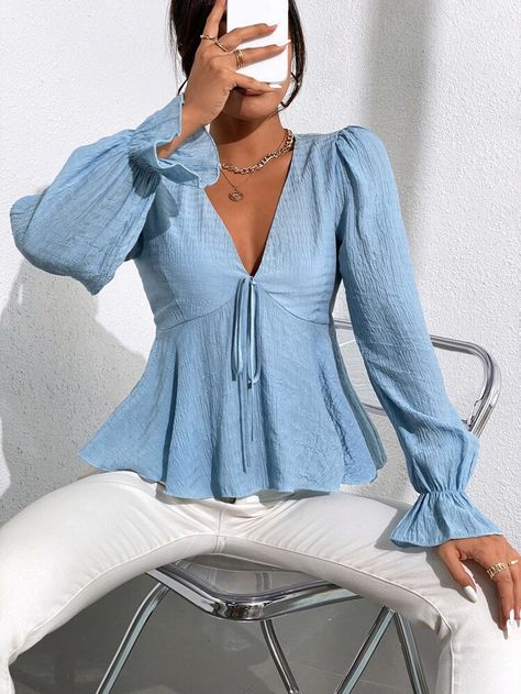 Knot Front Ruffle Hem Flounce Sleeve Top | SHEIN ASIA Peplum Pattern, Flounce Sleeve Top, Elegant Fabric, Trendy Fashion Tops, Celebrity Trends, Top Shirt Women, Spring Women, Flounce Sleeve, Women Blouses