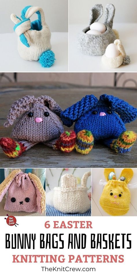 Knitted Easter Crafts, Easter Basket Pattern, Knitted Bunnies, Knitting Bag Pattern, Easter Bunny Basket, Easter Bags, Bunny Bags, Big Knits, Felt Bunny