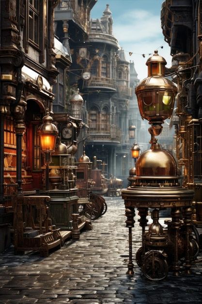 Véhicule De Rue De Style Steampunk | Premium Photo #Freepik #photo #fantastique #lampadaire-ville #ville-cartoon #rue Steampunk Street, Ville Steampunk, Steampunk Machines, Steampunk Elements, Style Steampunk, Lego Building, Beatrix Potter, Steam Punk, Dieselpunk